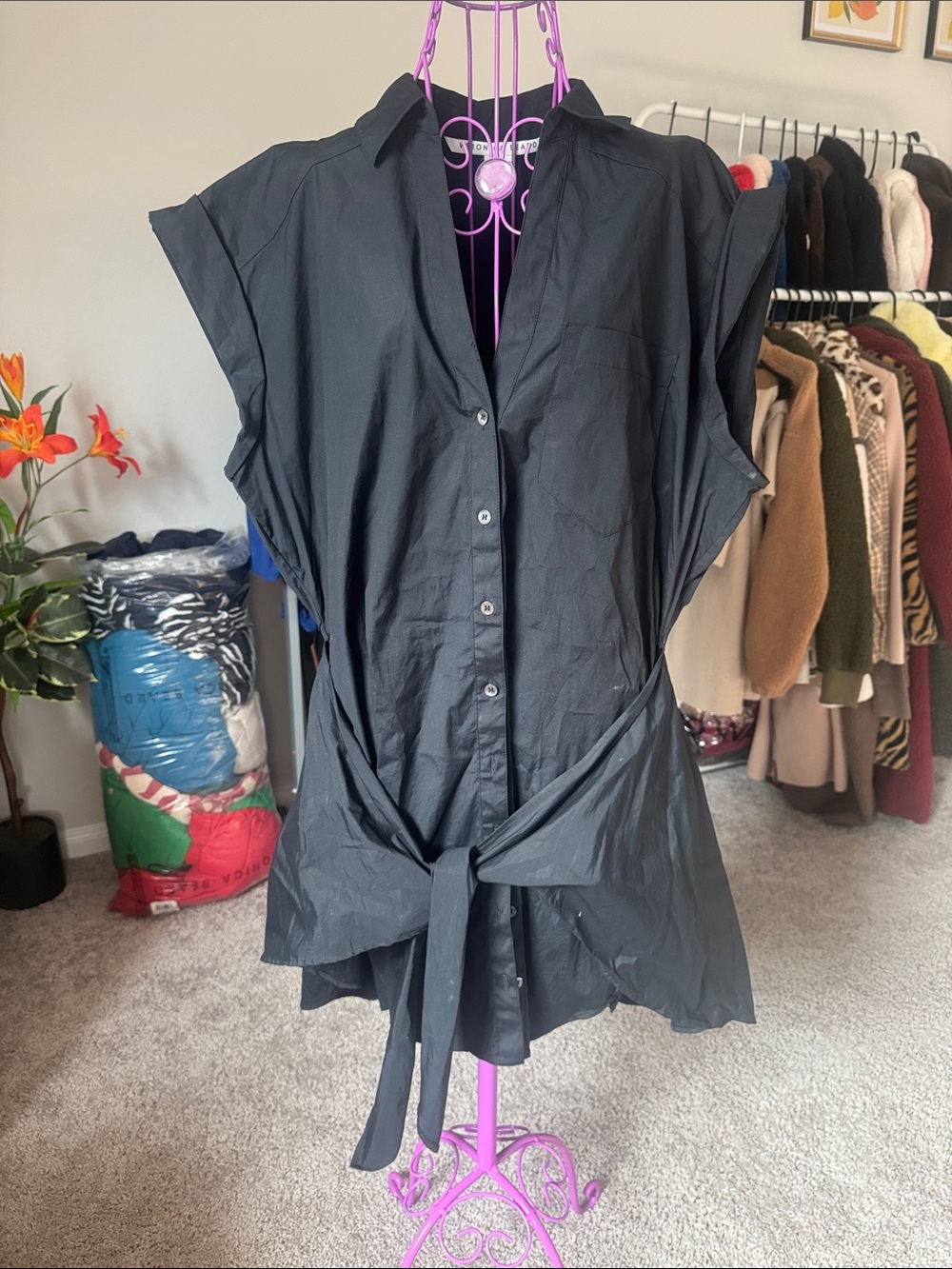 Veronica Beard Women's Black Button-Front Tie-Waist Short-Sleeve Shirt